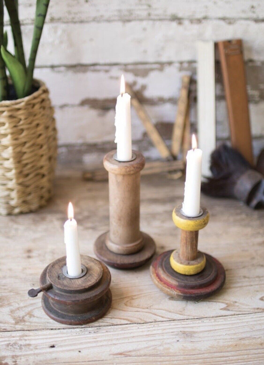 NWT Wooden Spool Candle Holders - Set Of 3 - by Kalalou
