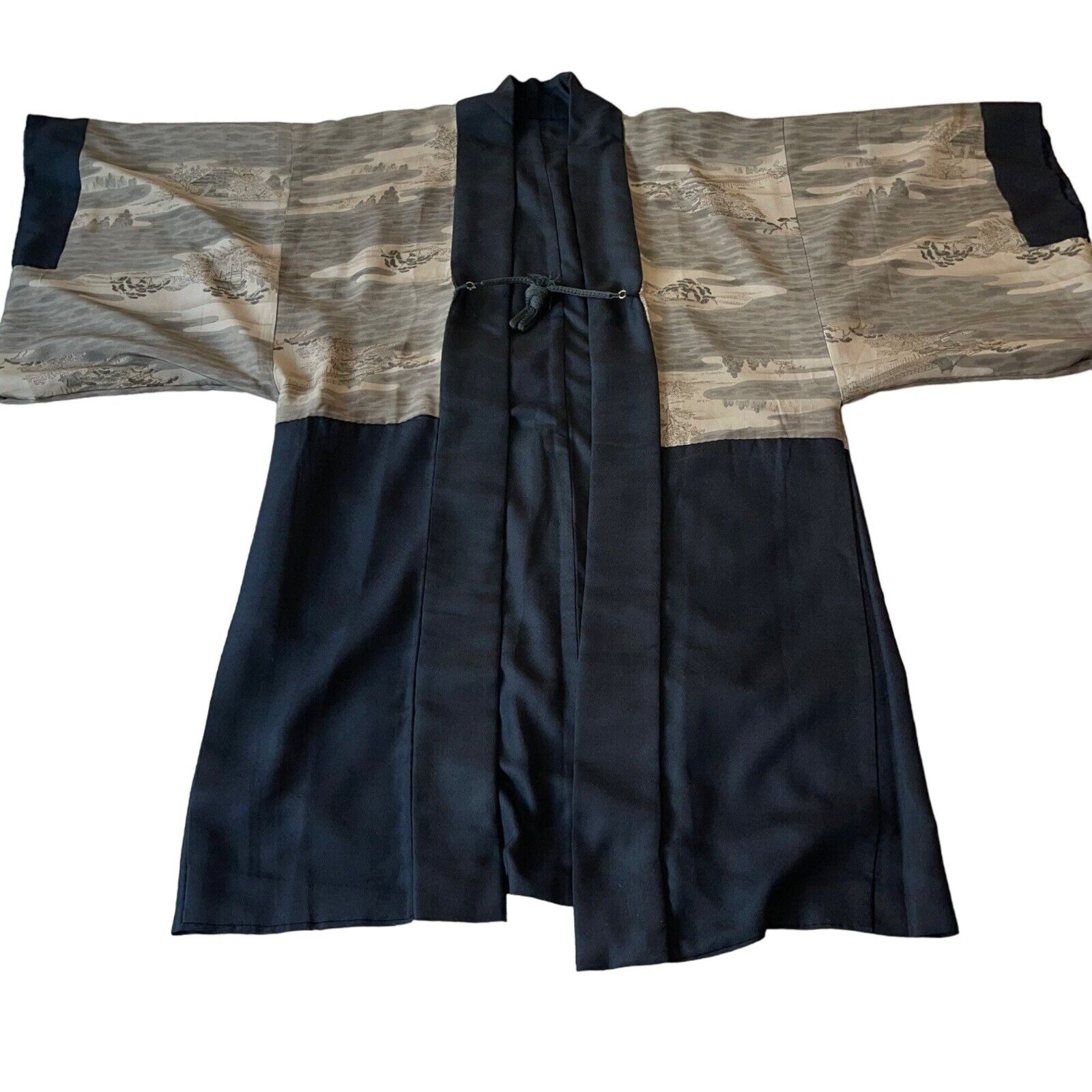 Vintage Kimono Men One Size Black Japanese Haori Landscape House Reversible Silk