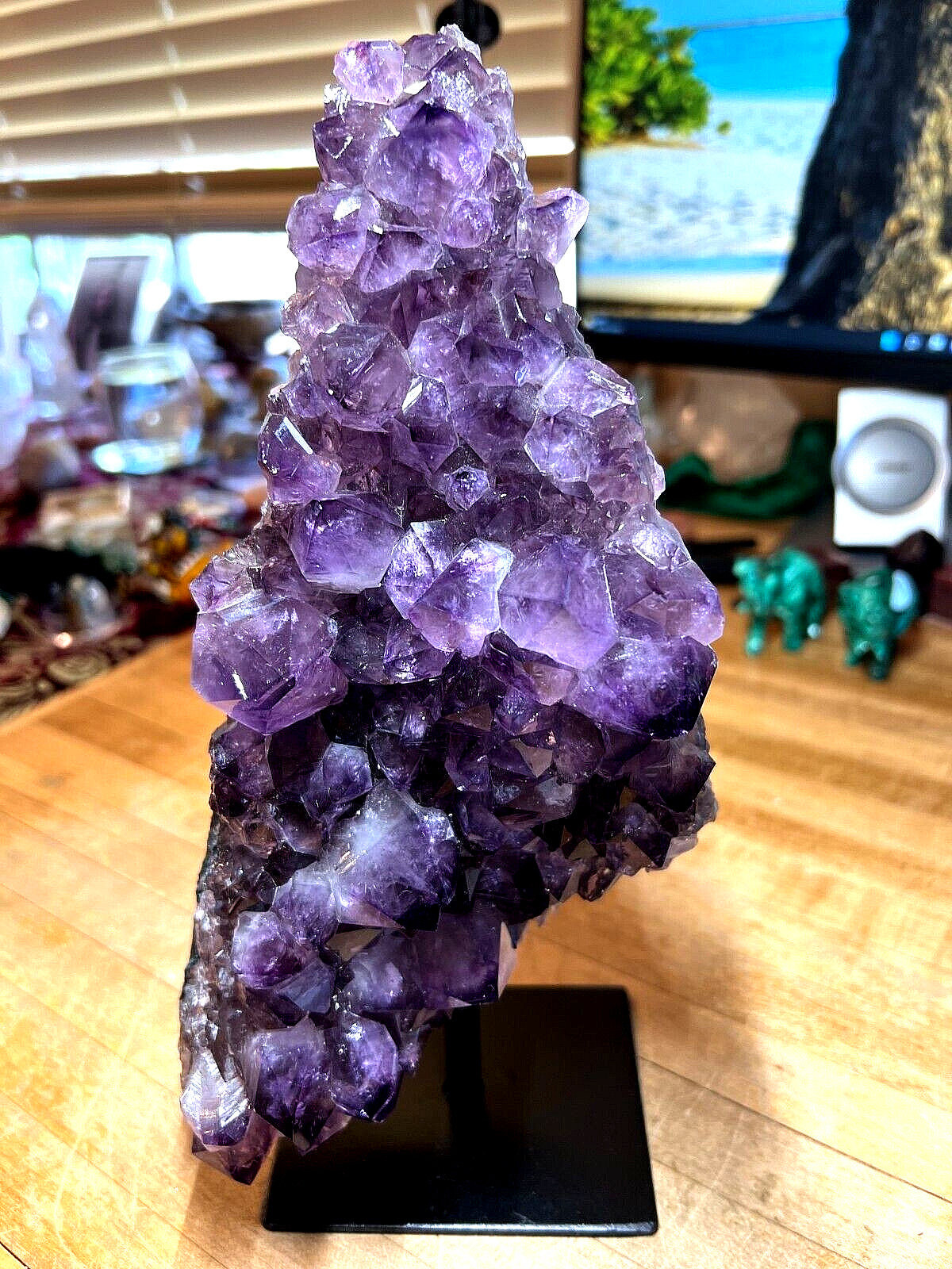Amethyst Crystal Gemstone Geode with Custom Metal Stand Attached Specimen 001