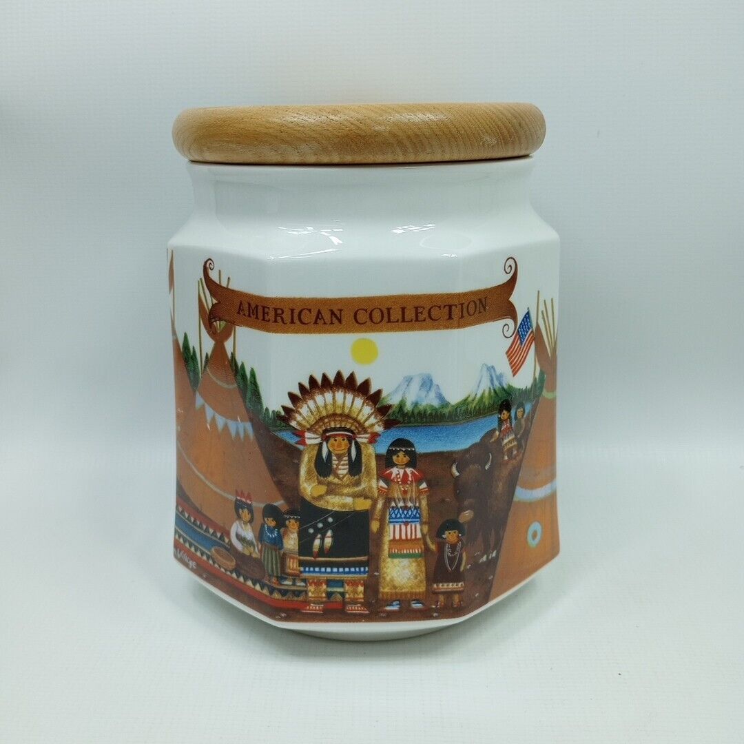 Vintage NIKKO American Classic Collection CANISTER Wooden Lid Indian Village