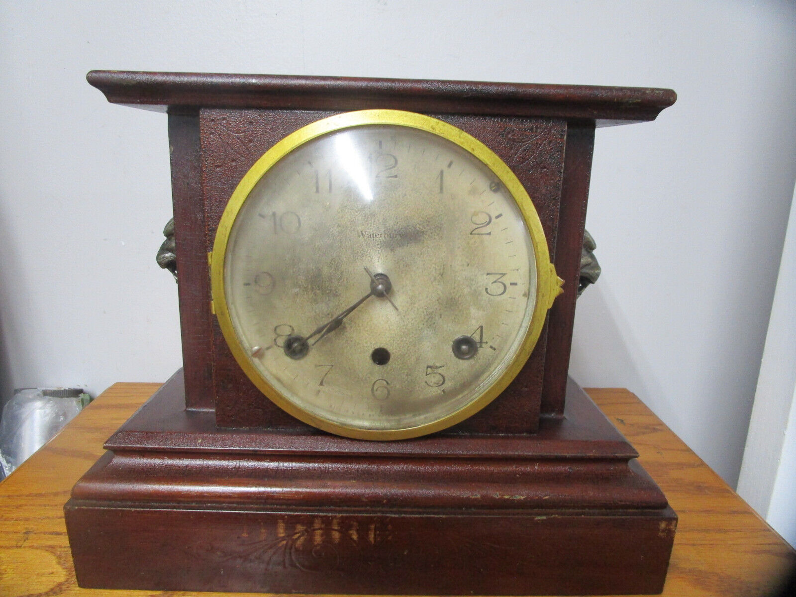 Antique Waterbury Mantle Clock w/Lion Heads on Each Side (No Key)