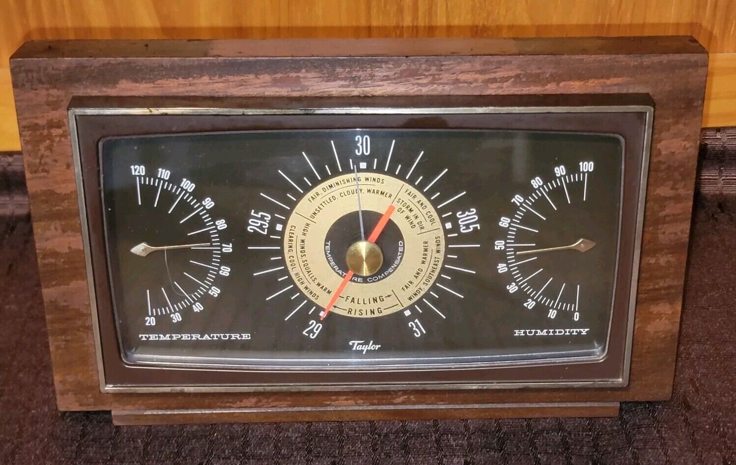 Taylor Mid-Century Mahogany Desk Barometer Temperature Humidity Weather Station