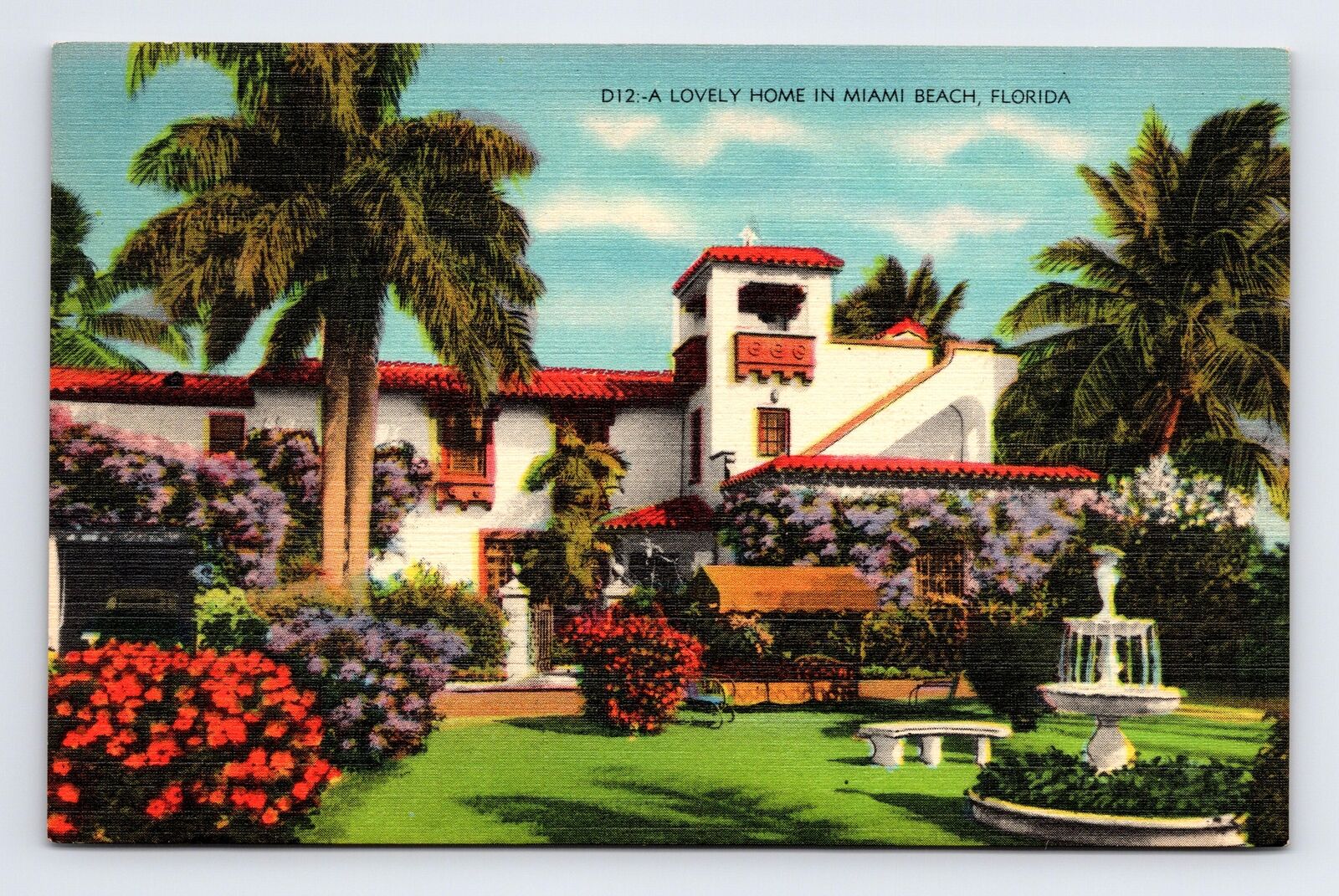 Linen Postcard Miami Beach FL Florida Lovely Spanish Colonial Home Flowers
