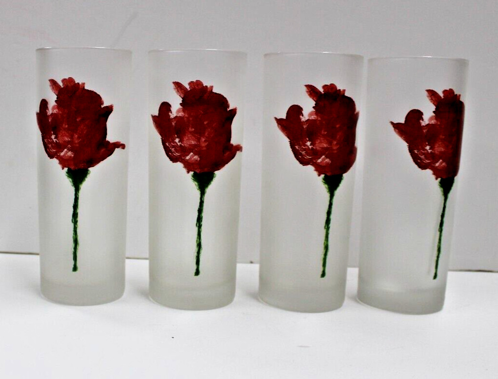 Lot of 4 France Dartington Hand Painted Flowers Frosted Ice Tea Highball Glasses