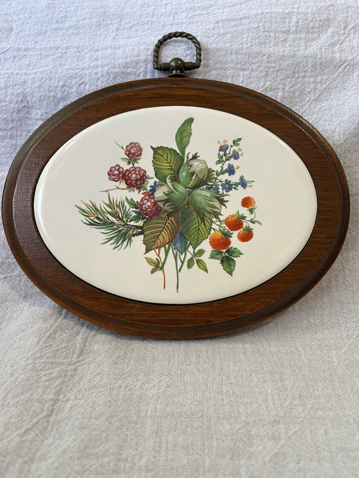 Vintage Wood and Ceramic Oval Plaque Berries and Flowers circa 1970s-1980s