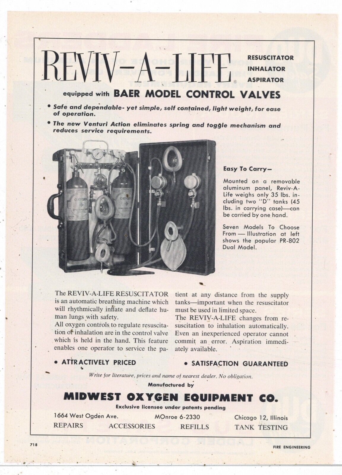 1957 Midwest Oxygen Equipment Ad; Reviv-A-Live Resuscitator for Fire Rescue