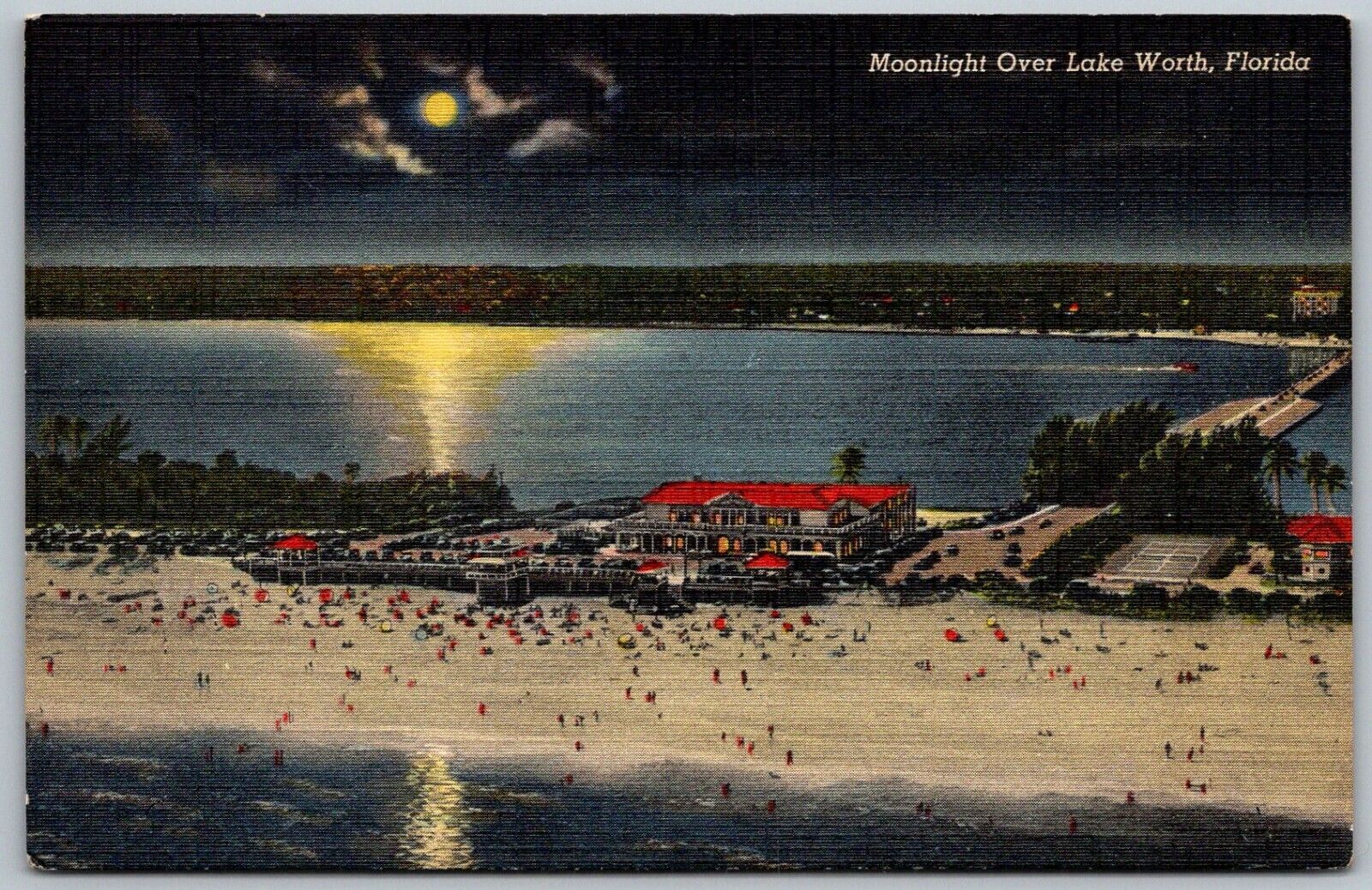 Lake Worth Florida 1940s Postcard Moonlight Over Beach 
