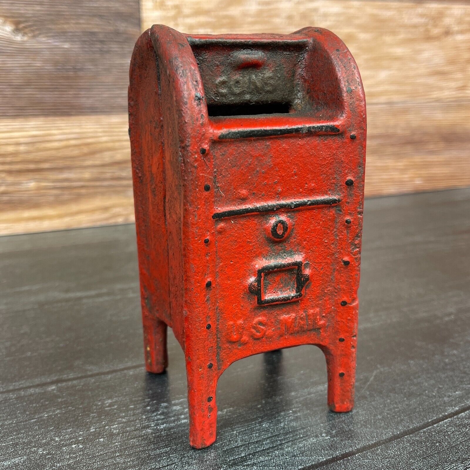 USPS Mailbox Bank, Red Cast Iron Piggy Bank With Antique Vintage Finish