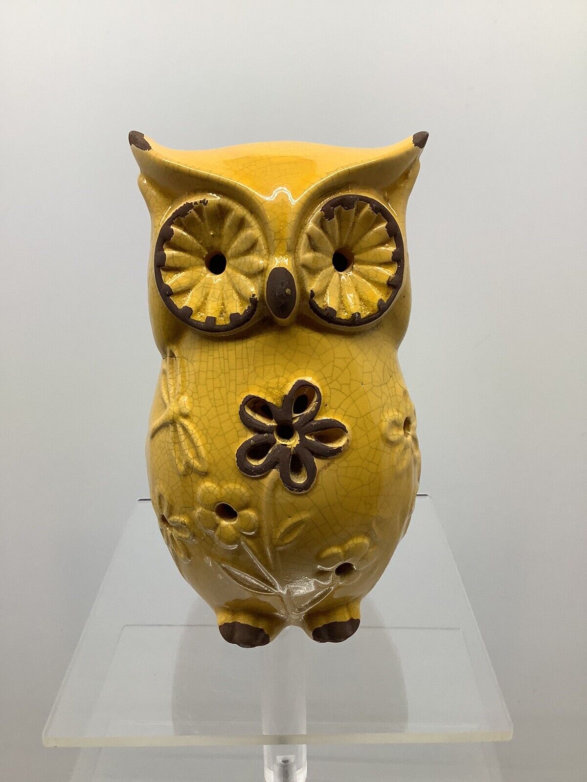 Vintage ceramic yellow owl incense burner teal colored crazing look CUTE