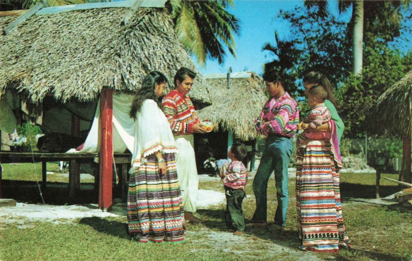 Miami FL Florida, Seminole Indian Village in Traditional Dress, Vintage Postcard