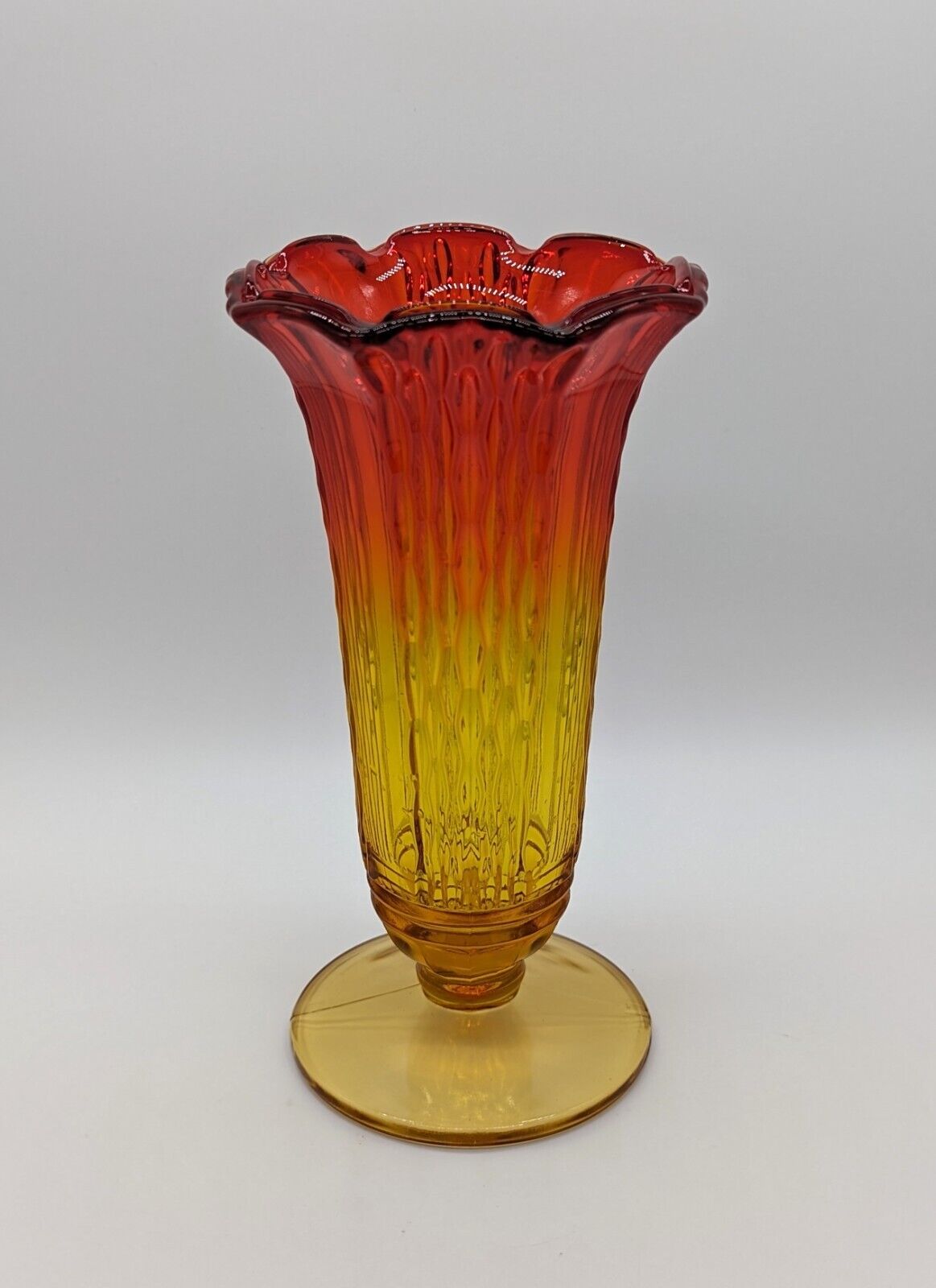 Stunning Vintage Cadmium Glass True Amberina Fluted Rim Red & Yellow Vase Ombre