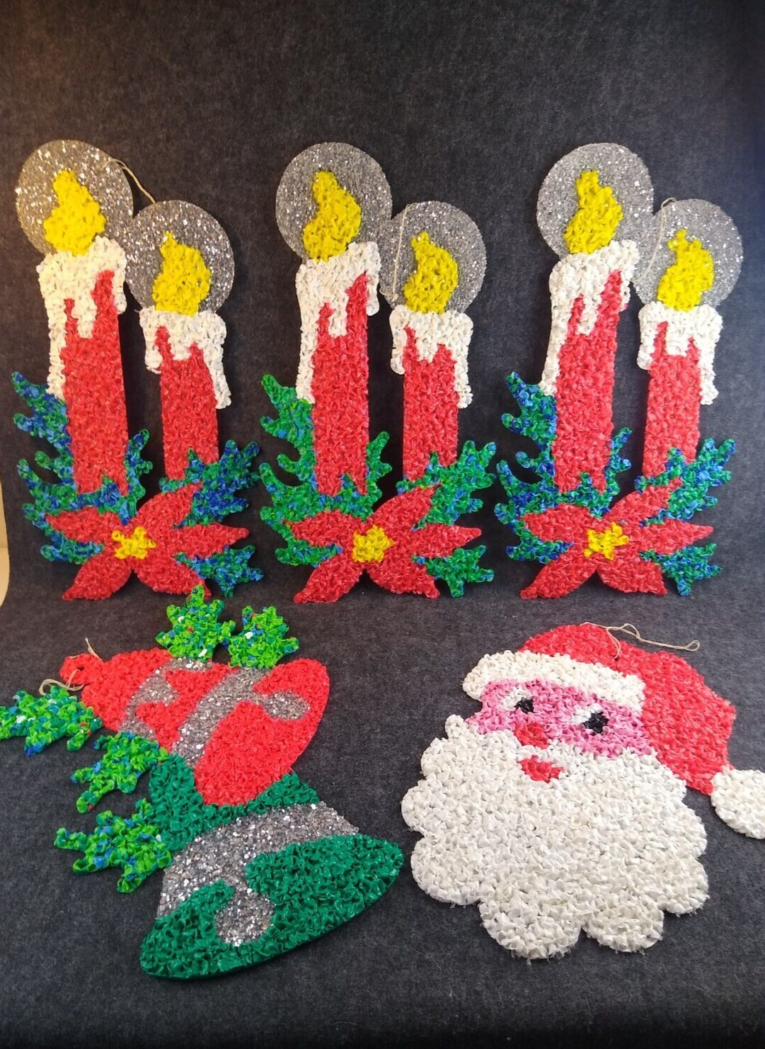Set of 5 Vintage Melted Plastic Popcorn Christmas Decorations Santa Bell Candles