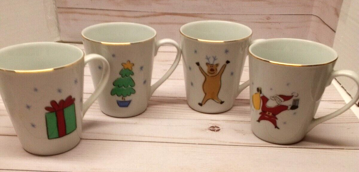 M/B Merry Brite Set of 4 Coffee, Hot Coco, Tea Christmas Mugs Gold Rims