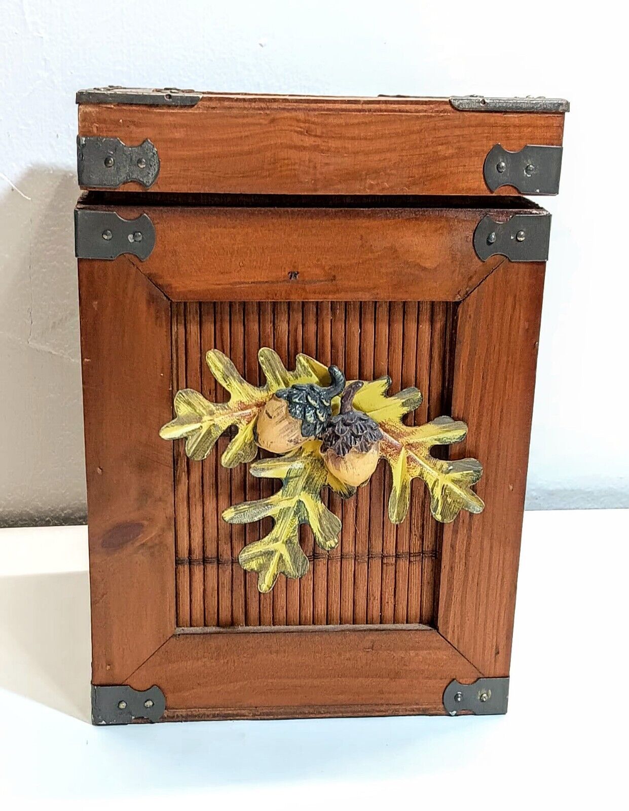 Vintage Floral Wooden Storage Box With Acorn & Bamboo, Brass Decor Granny Core 