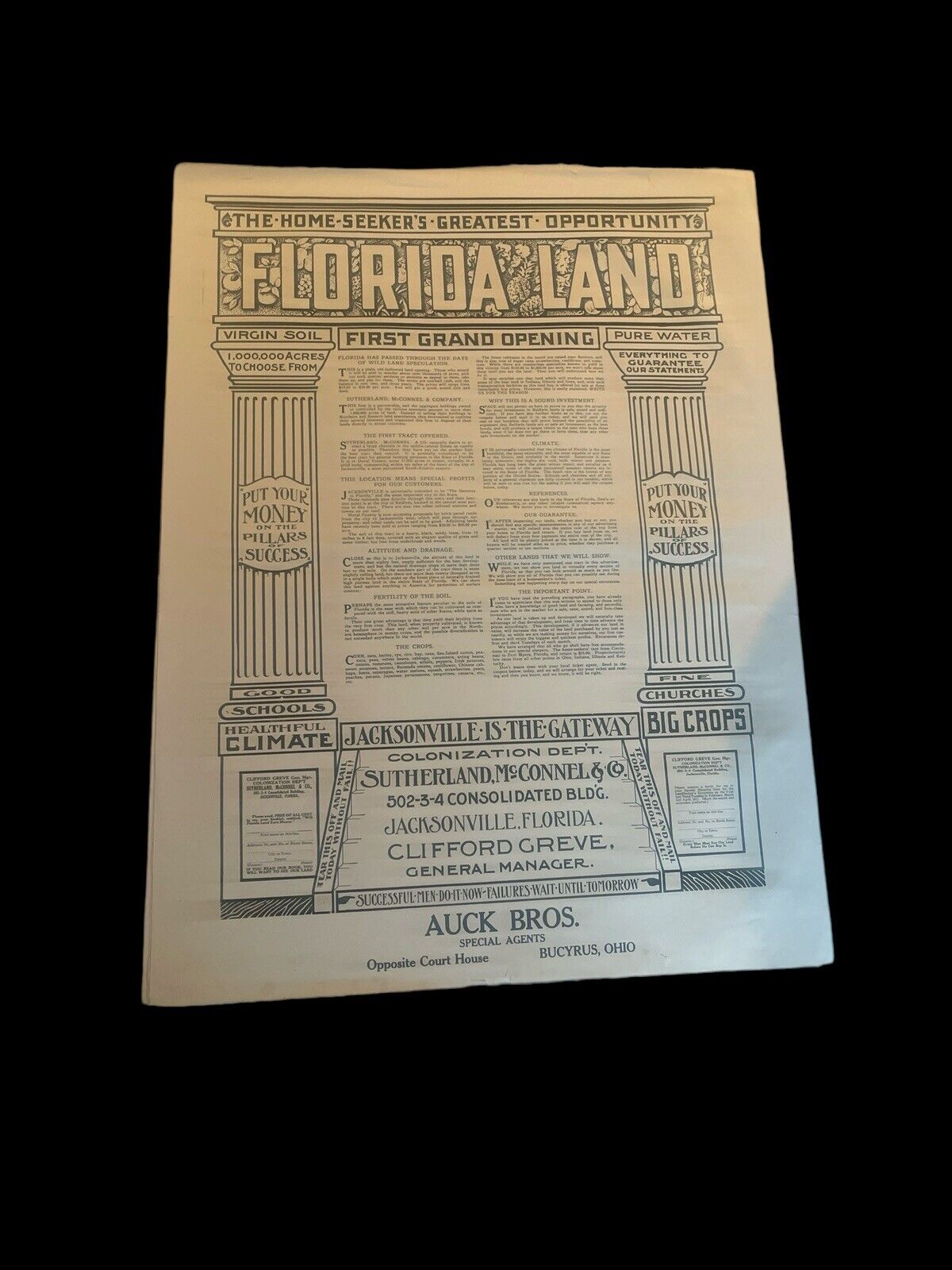 Early Original 1900s Florida Land Sales Promo Poster -  Jacksonville Florida