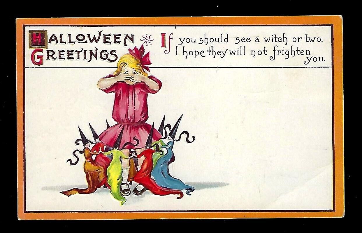 Early 1900's Halloween Postcard Ring of Witches Around a Girl Embossed