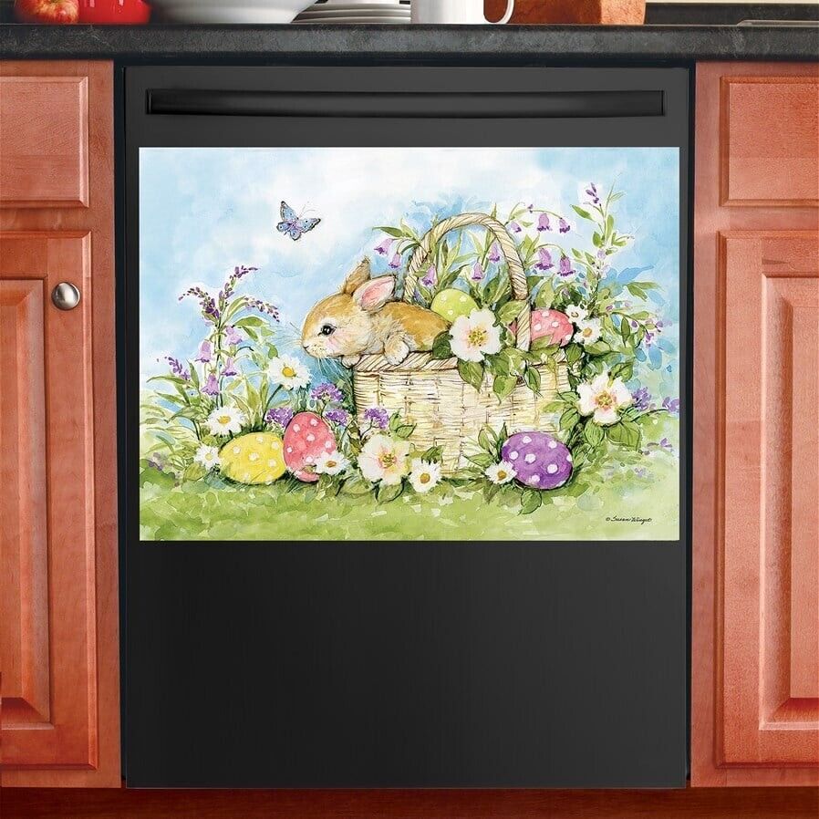 Spring-Time Floral Basket w/ Easter Bunny & Eggs Kitchen Dishwasher Cover Magnet