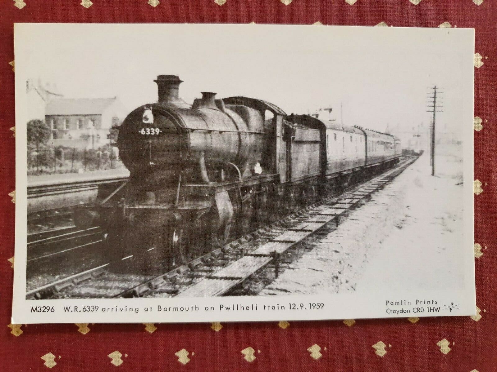 M3296 W.R6339 arriving Barmouth on Pwllheli  train  steam train postcard Pamlin