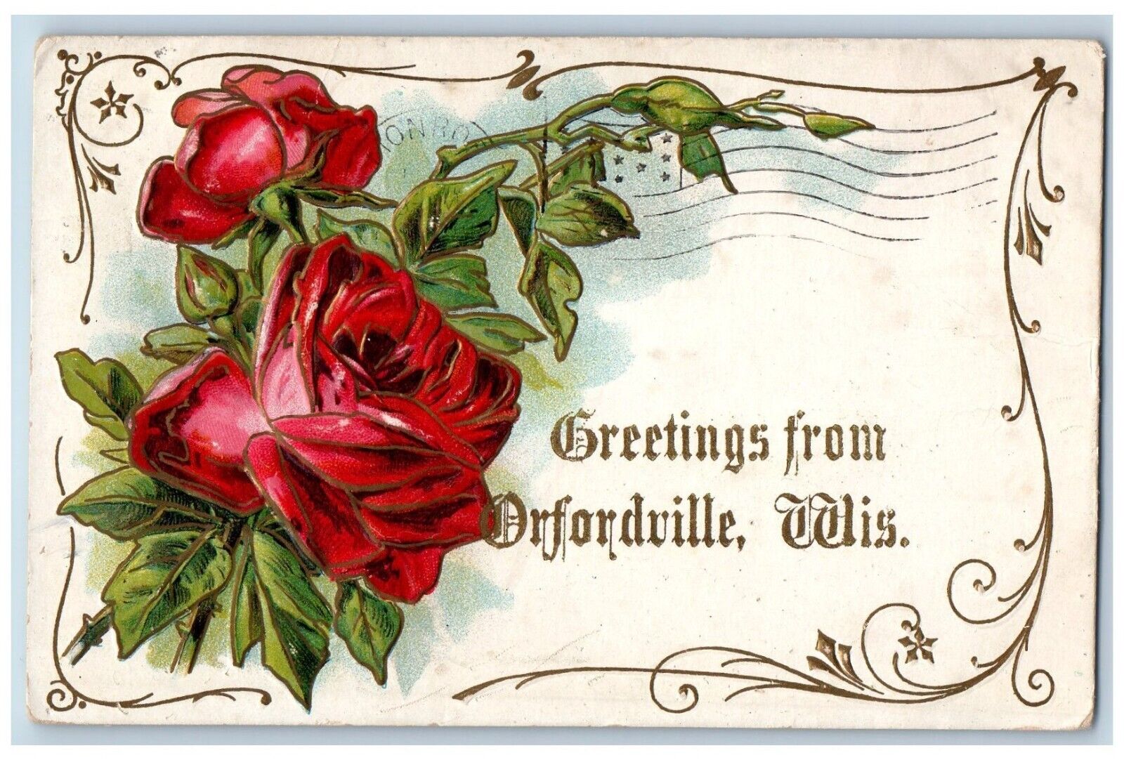 Orfordville Wisconsin WI Postcard Greetings Glitter Roses Embossed c1910 Vintage