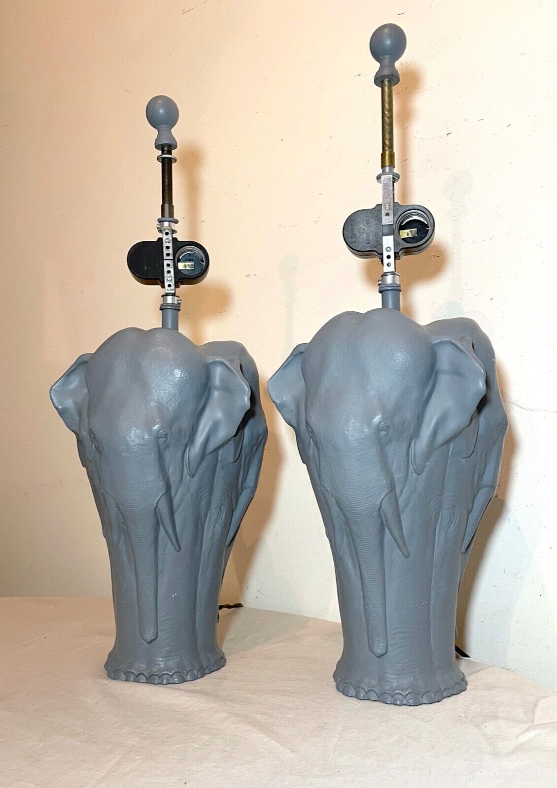 pair of vintage figural elephant heavy gray painted metal electric table lamps