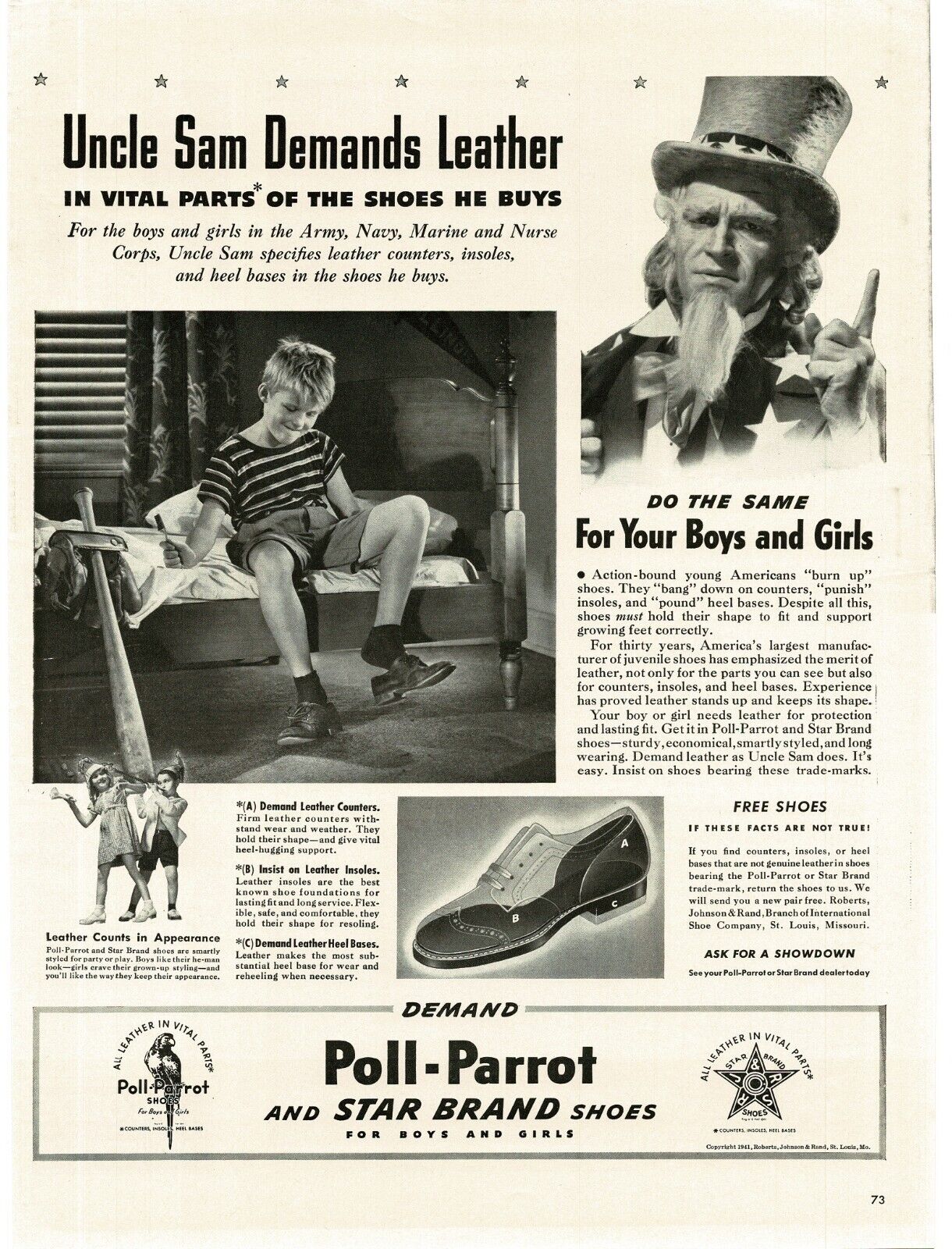 1941 POLL-PARROT Shoes for children Uncle Sam Vintage Print Ad STAR BRAND