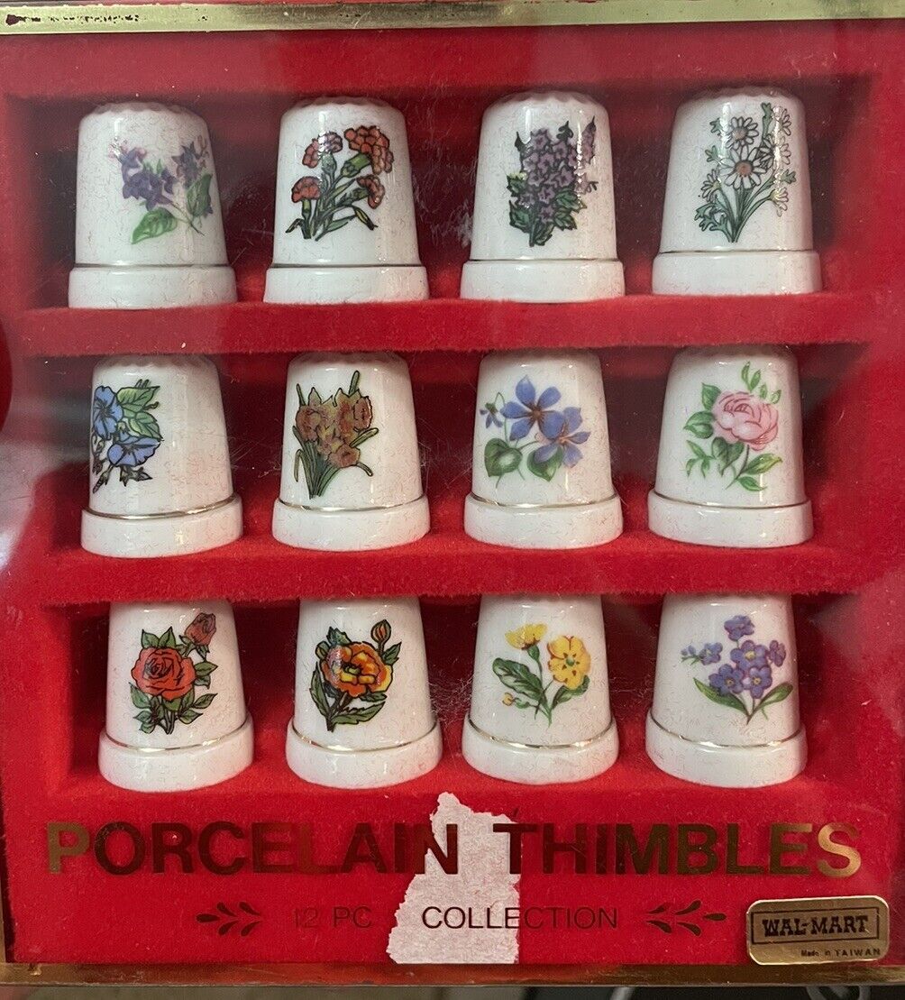 Vintage Thimbles Porcelain 12 Pcs Floral