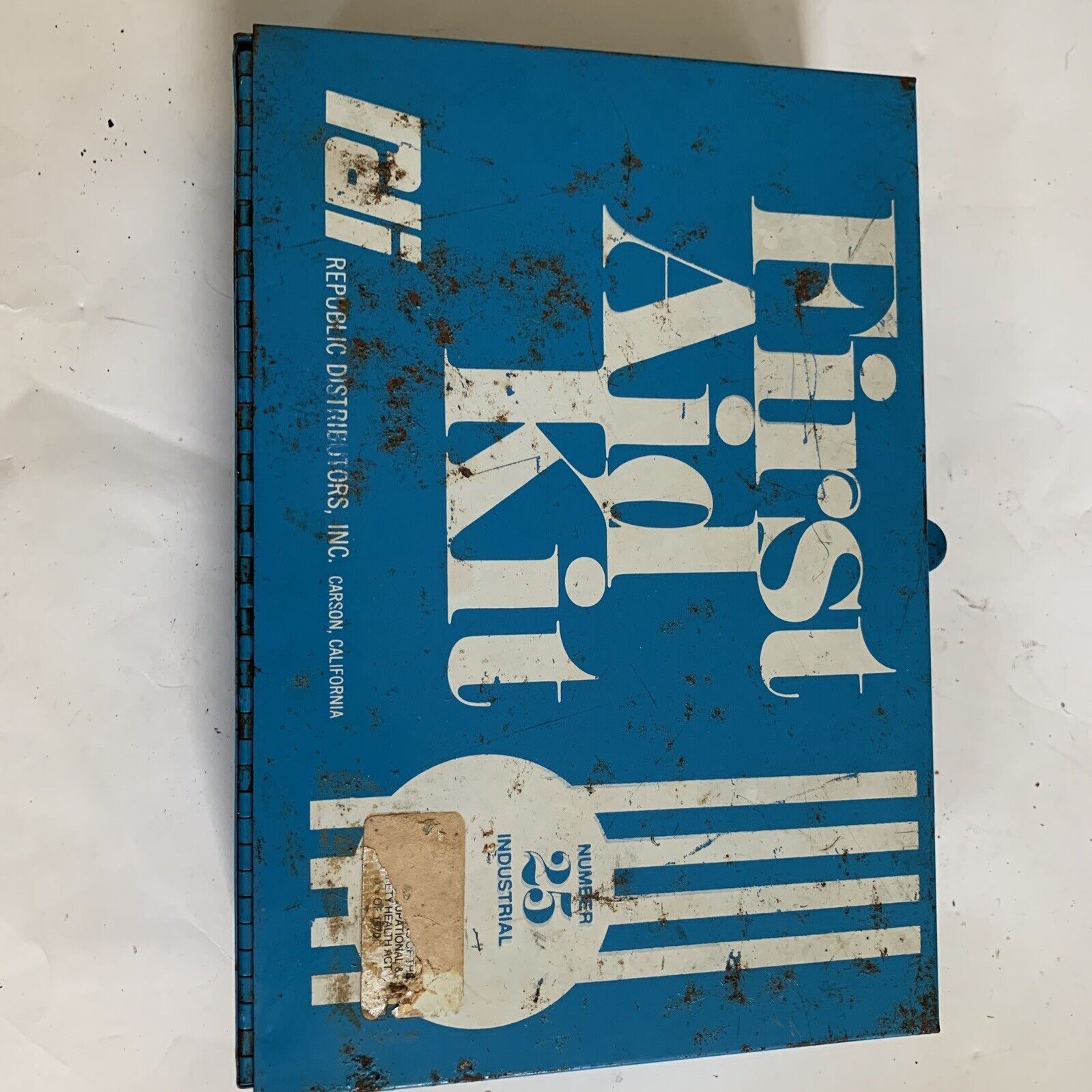 Vintage First Aid Kit Metal Box Republic Distributors RDI 25 Blue White