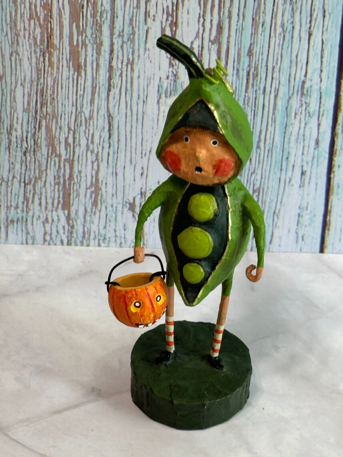 Lori Mitchell Sweet Pea Boy in Pea Outfit with Pumpkin Bucket Folk Art