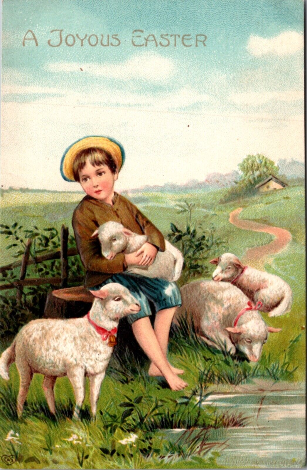 Easter Postcard Boy Sitting By a Pond and Field with Lambs