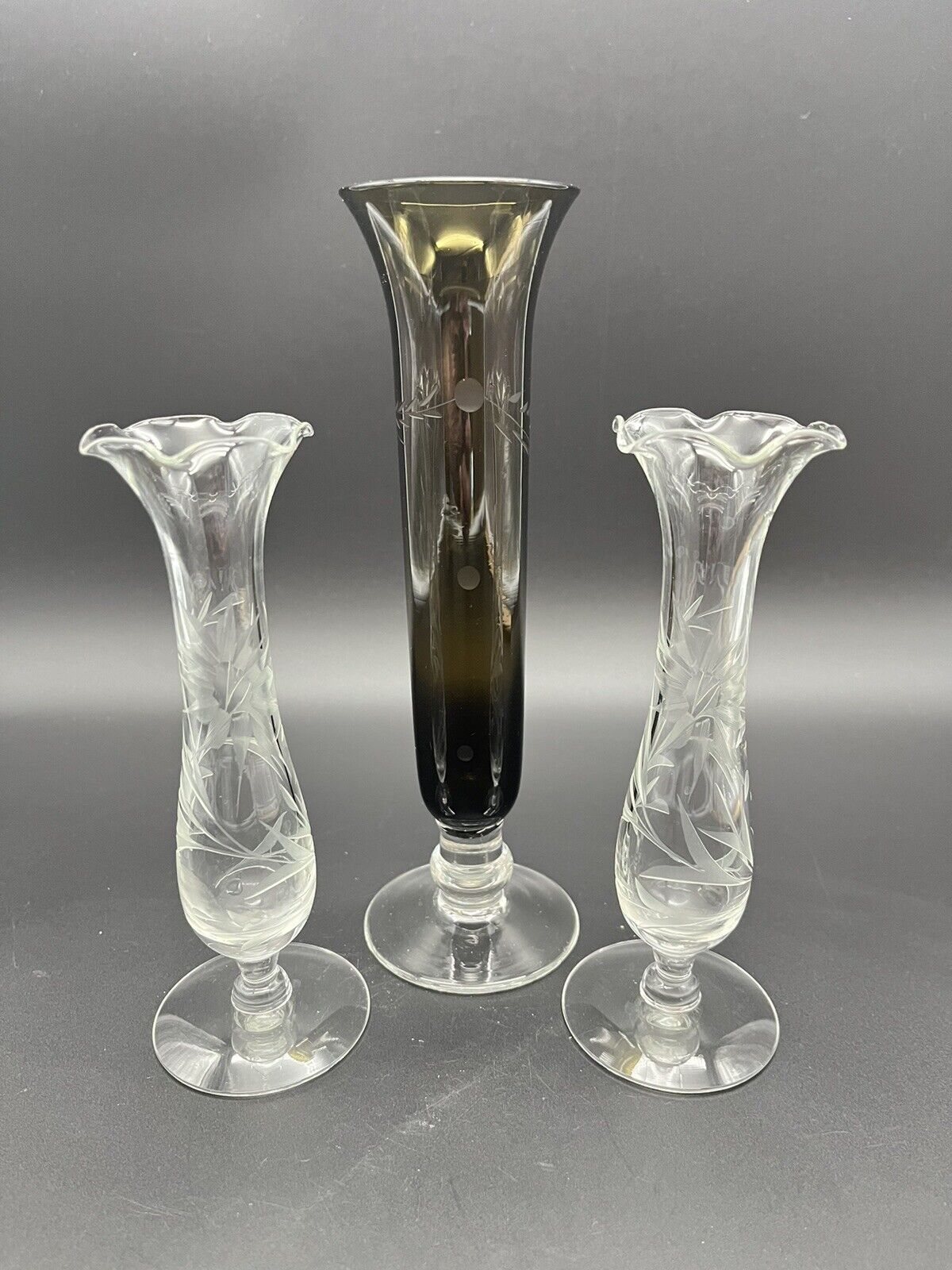 Vintage Lot Of 3 Bud Vases Charcoal And Clear Varying Sizes