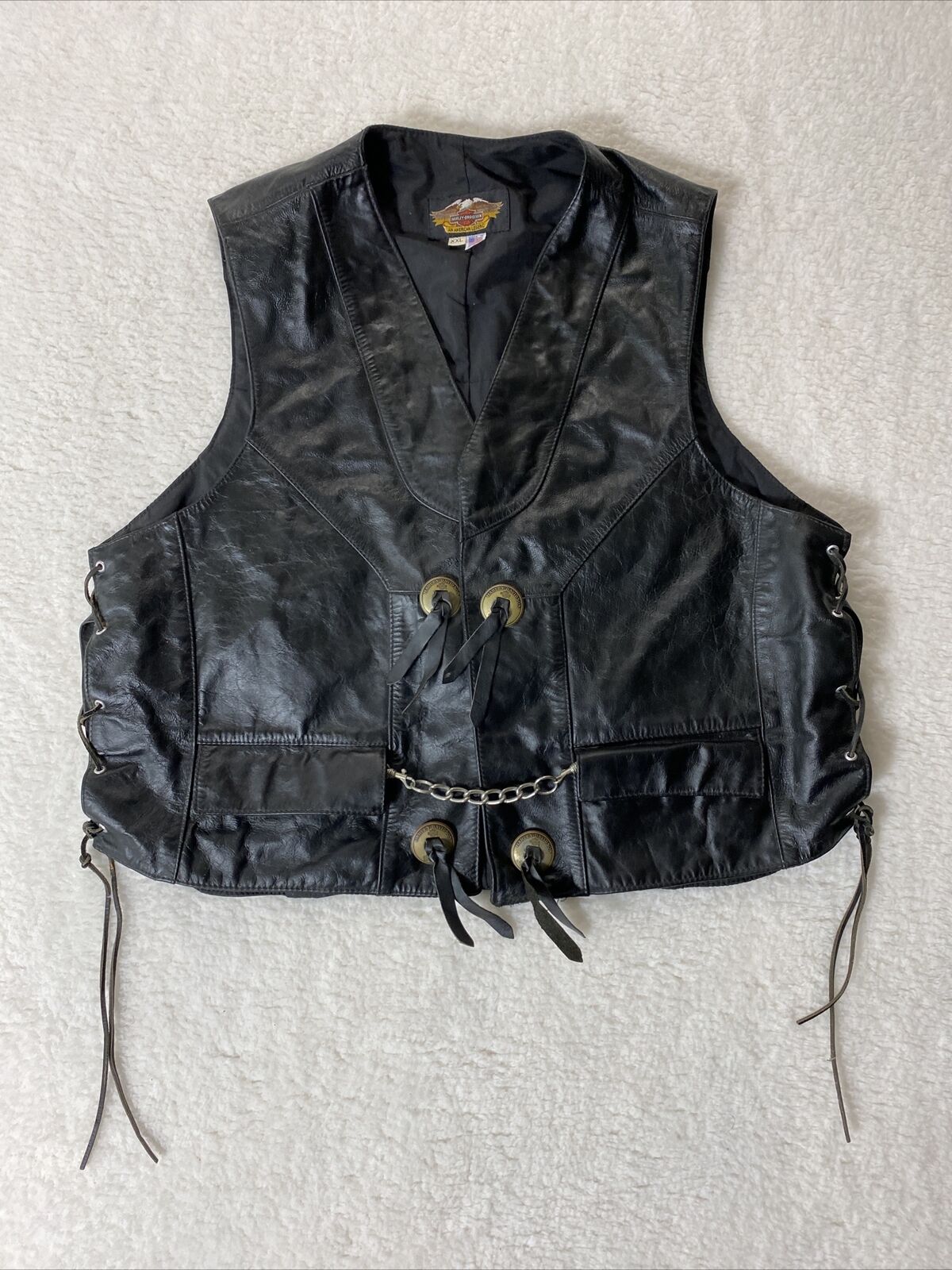 VTG Harley Davidson Leather Vest Lace Up Concho HOG Owners Rocky MT USA Made XXL