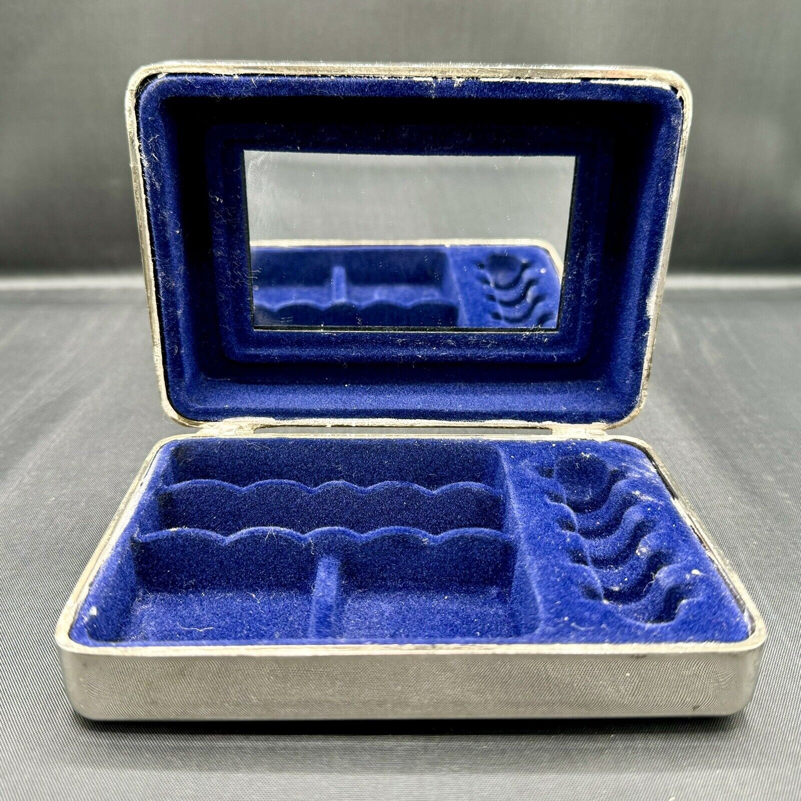 Vintage Silver Plated Jewelry Trinket Box With Blue Lining And Mirror