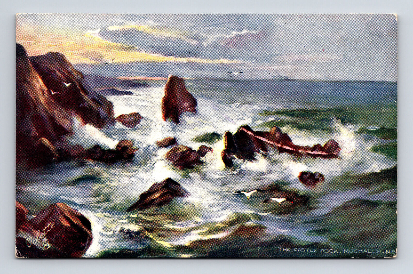 c1905 Scottish Rough Seas at Castle Rock Muchalls Coast Tuck's Oilette Postcard