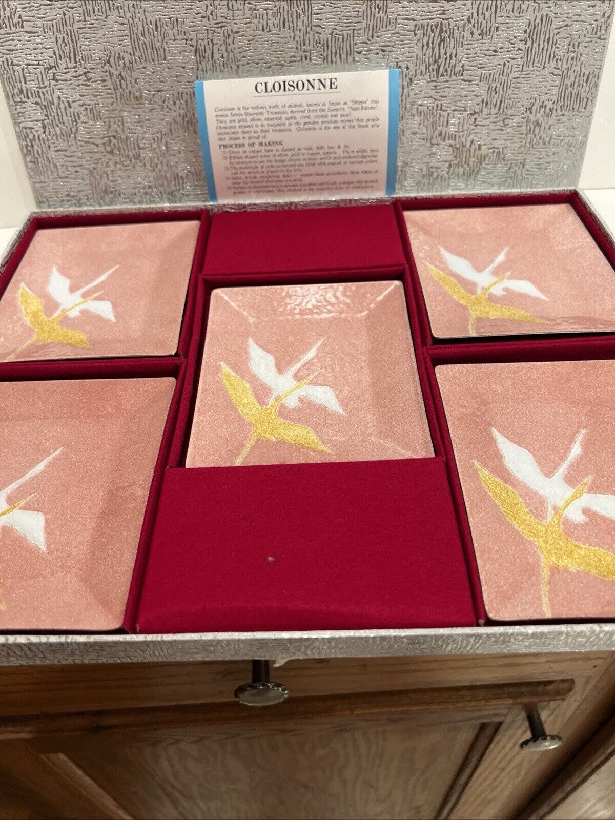 Vtg Set 5 Tutanka Japanese Cloisonne Enamel Metal Tray Flying Cranes Gold Yellow
