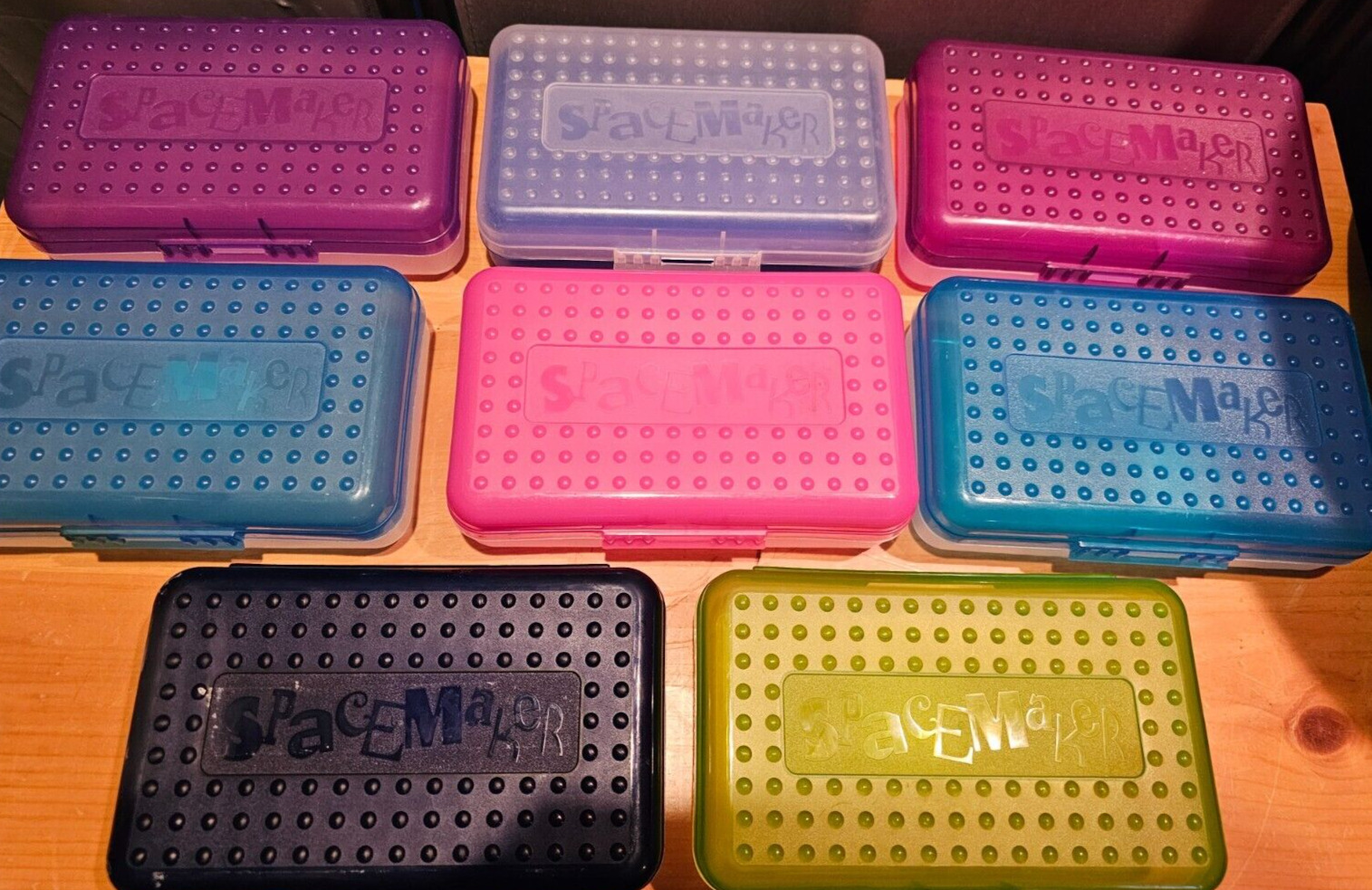 90's LOT Vintage SPACEMAKER School PENCIL BOX Pink PURPLE Green BLUE Clear BOXES