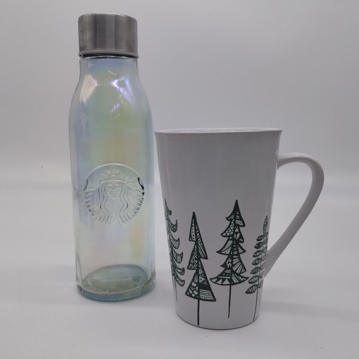 Starbucks Iridescent Recycled Glass Water Bottle 20 oz & Christmas Tree Mug