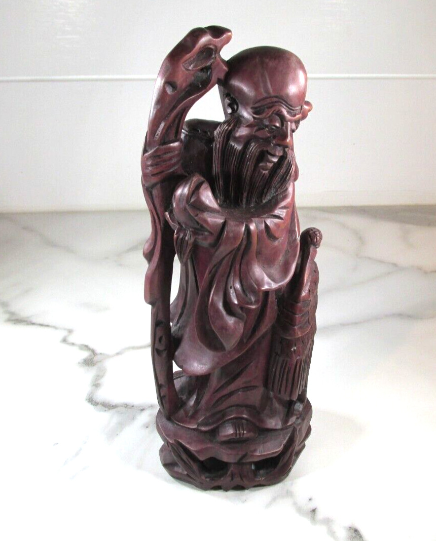 Vintage Chinese Immortal God of Longevity Hand Carved Wood Statue 8 1/2 in
