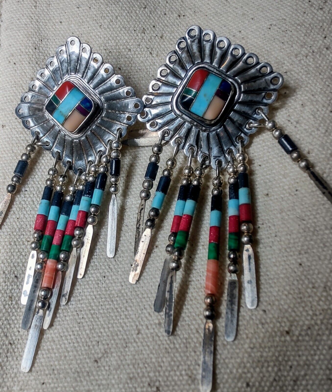 VTG QT Quoc Trading Earrings Turquoise Coral Chandelier Sterling Silver 925 Rare