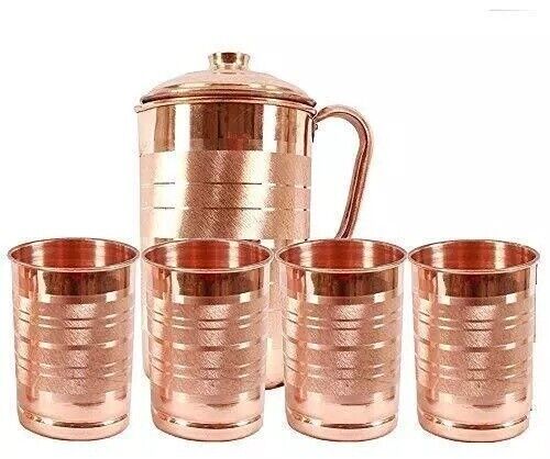 100% Pure Copper Water Jug Pitcher With Tumbler Glass Ayurveda Benefits Set Of 5