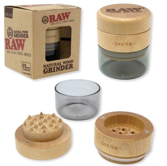 New RAW Rolling Papers NATURAL WOOD GRINDER - BLACK GLASS - 65mm - Fine Grind