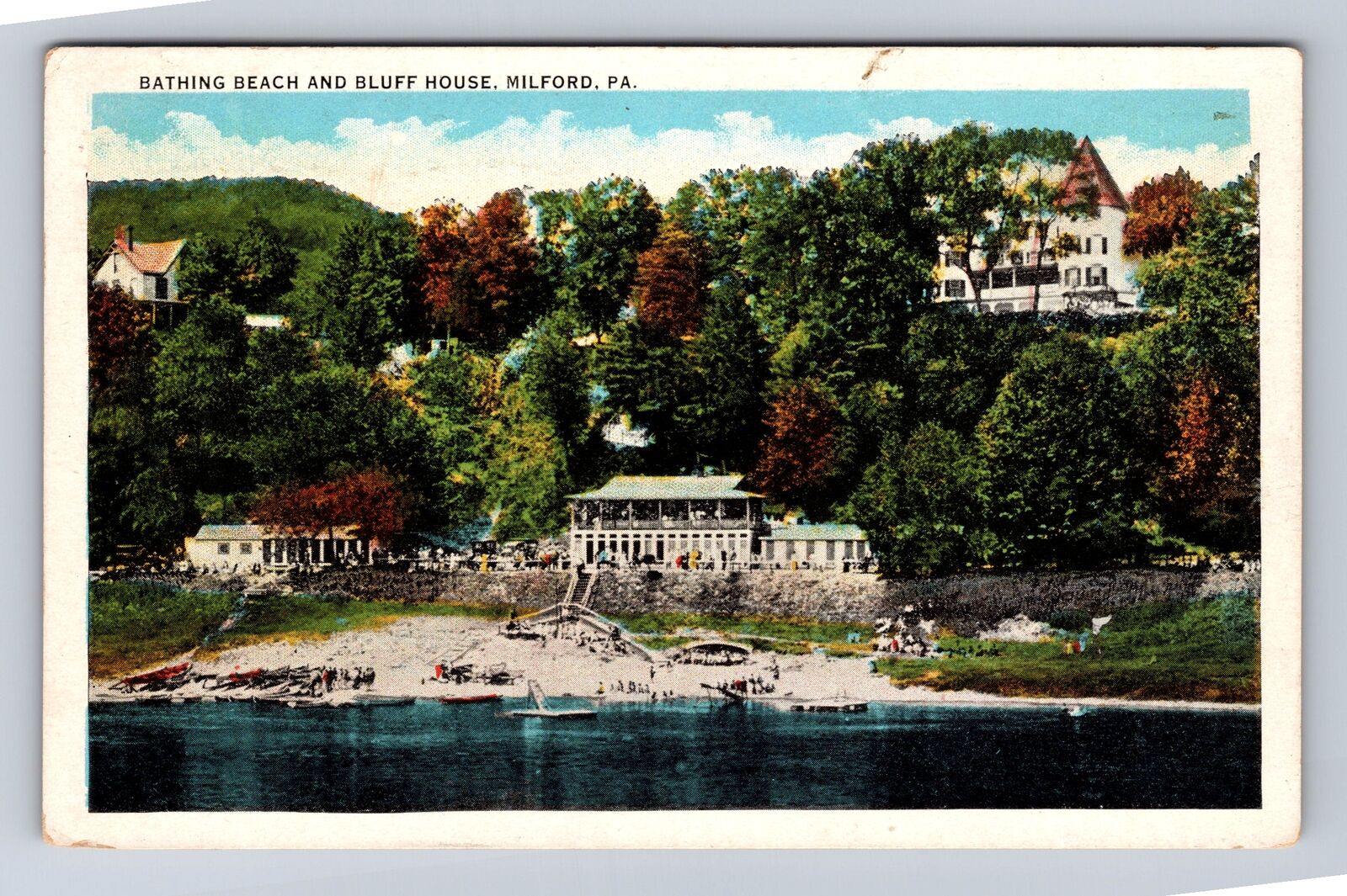 Milford PA-Pennsylvania, Bathing Beach & Bluff House, Antique Vintage Postcard