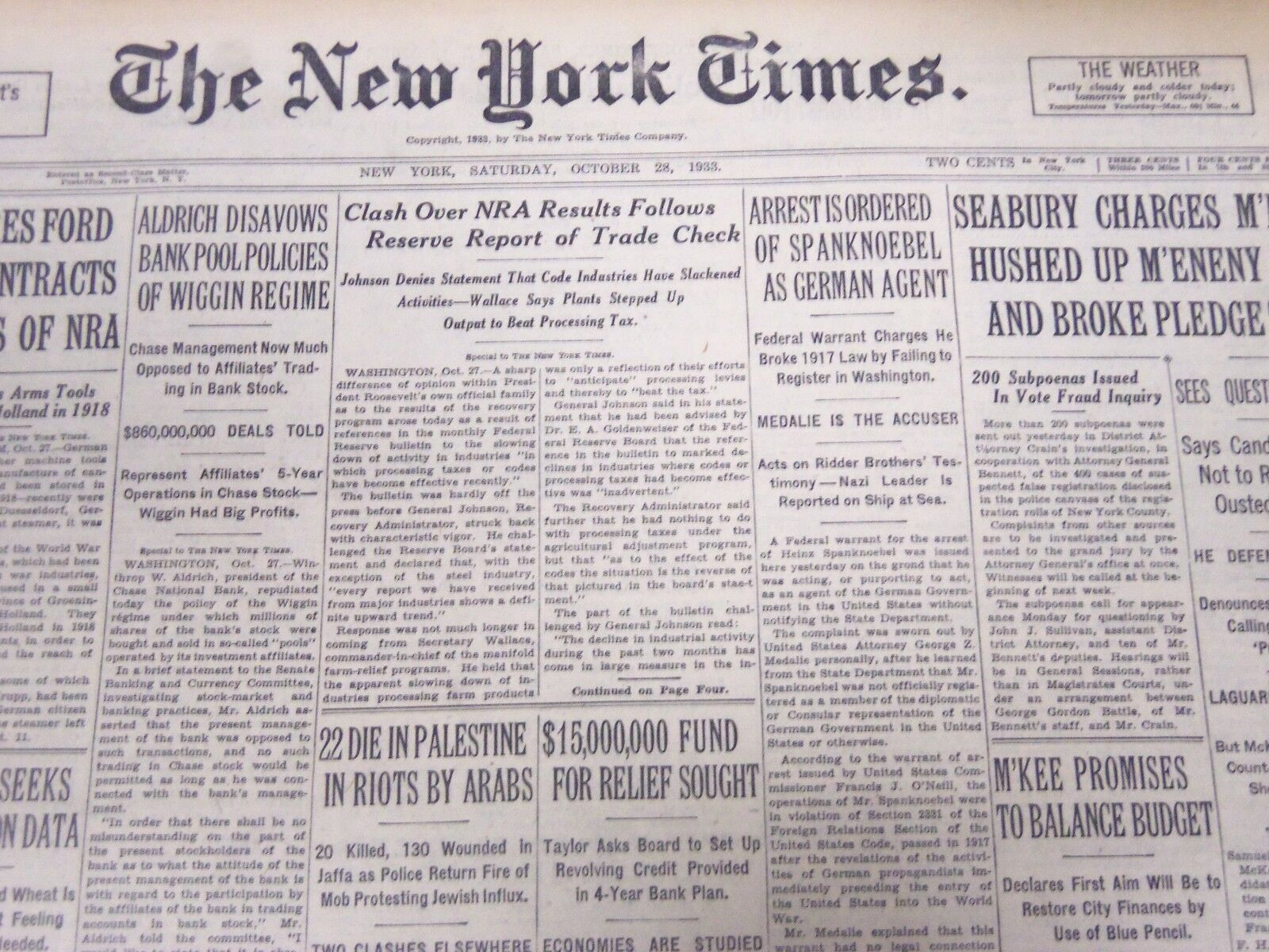 1933 OCTOBER 28 NEW YORK TIMES - ARRESTS IS ORDERED OF SPANKNOEBEL - NT 5199