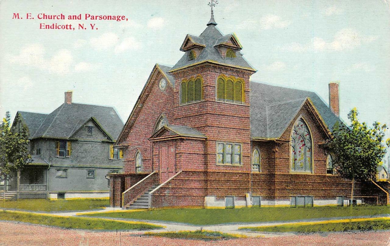 ENDICOTT, NY New York ME CHURCH & PARSONAGE Methodist Episcopal c1910's Postcard