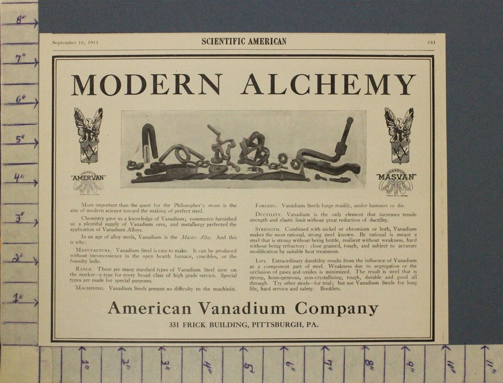 1911 AMERICAN VANADIUM COMPANY TECHNOLOGY FORGING AMERVAN HISTORIC AD A-2285