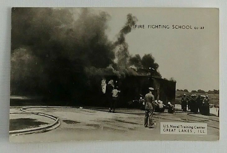 RPPC Great Lakes IL US Naval Training Center Fire Fighting School Postcard Vitg