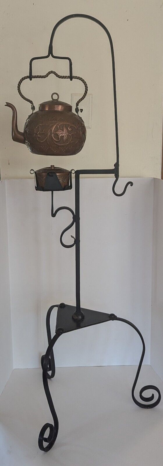 Antique  Heavily Decorated Copper Swinging Spirit Kettle on a Wrought Iron Stand