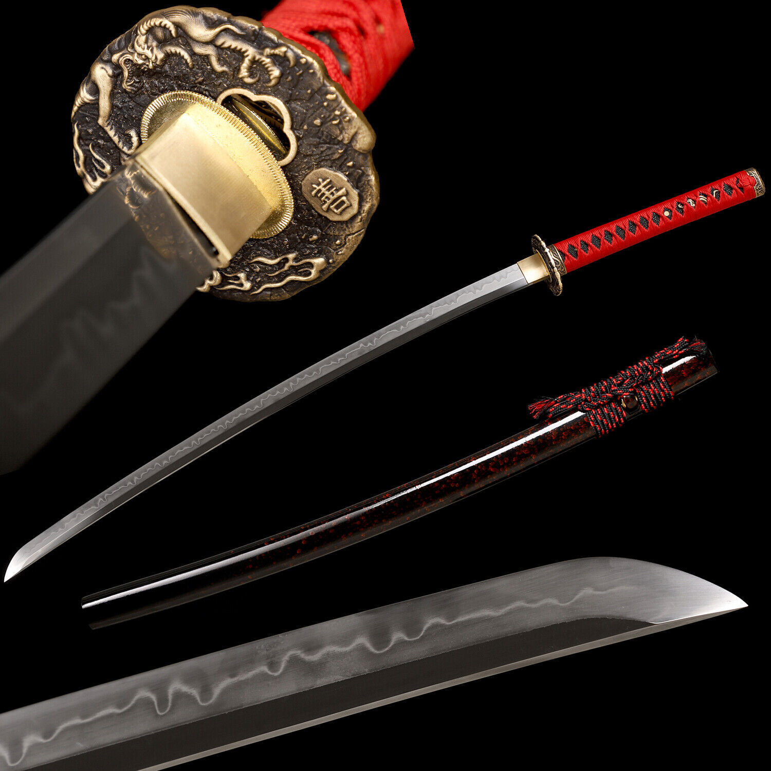 Choji Hamon Full Tang Red Katana Sword Clay Tempered T10 Steel Razor Sharp