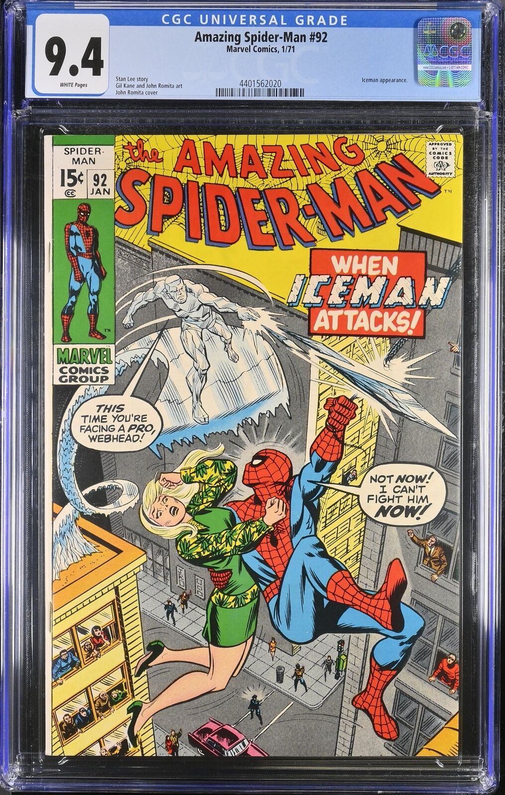 Amazing Spider-Man #92 CGC NM 9.4 White Pages Ice Man Appearance Stan Lee