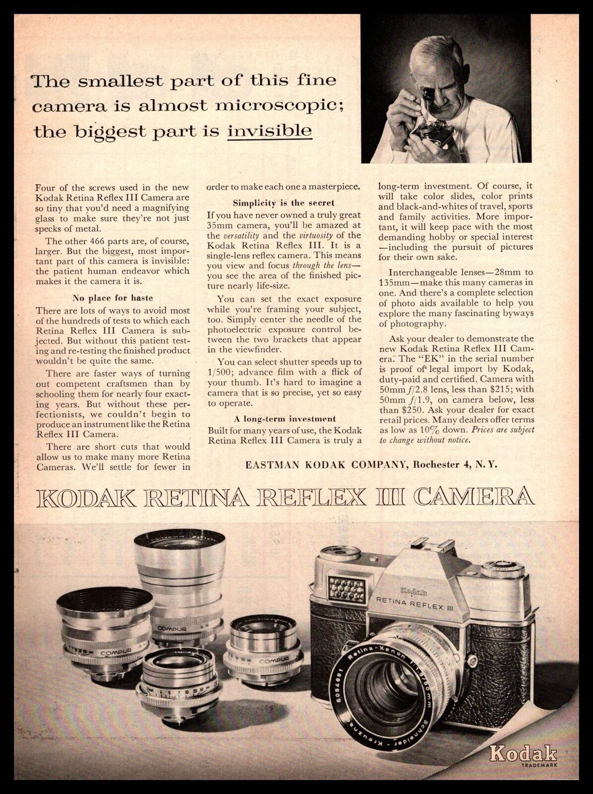 1961 Eastman Kodak Company Retina Reflex III 35mm Camera Vintage Print Ad