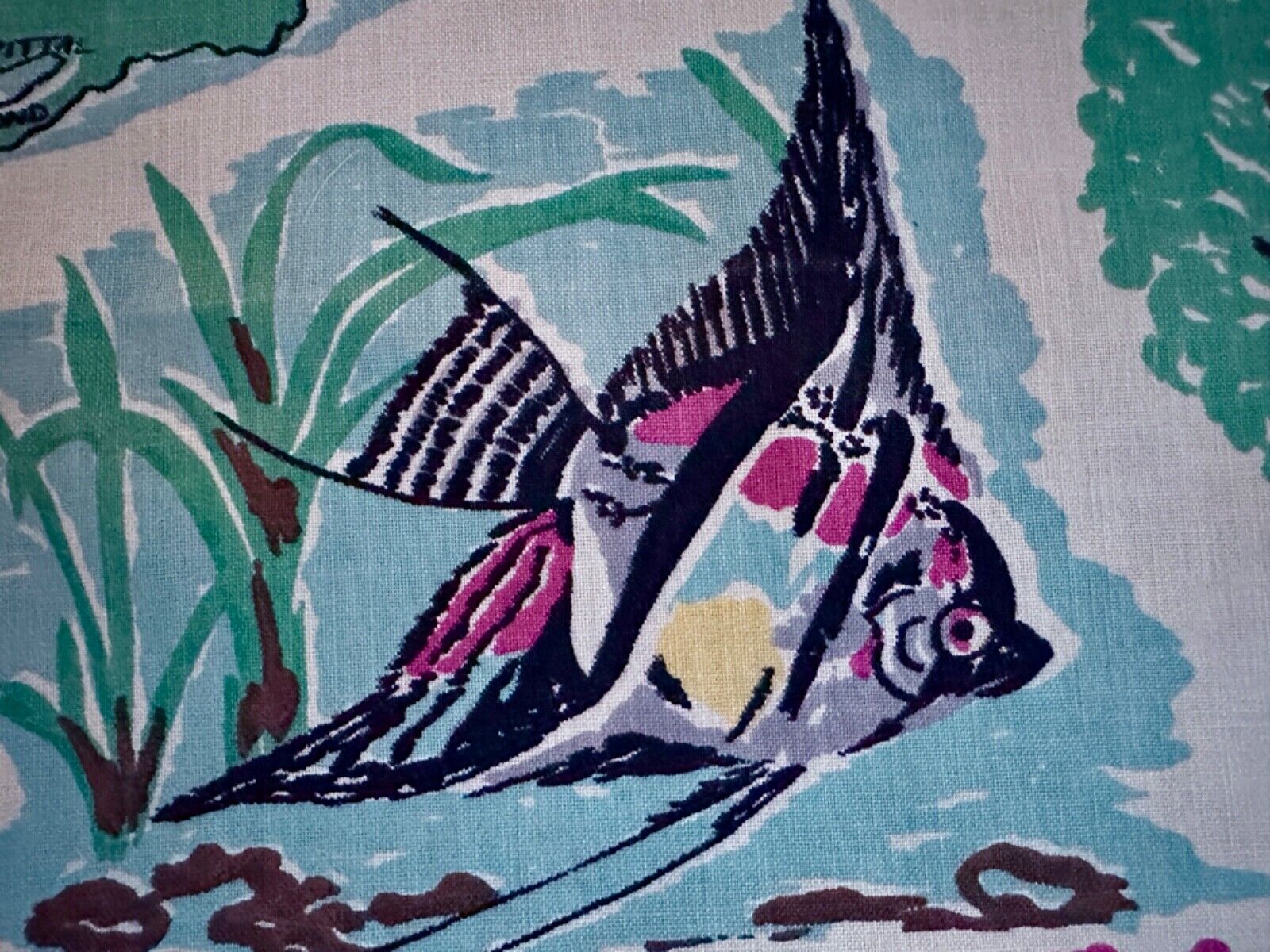 Angel Fish Bermuda Life 50's Novelty Island Barkcloth Era Vintage Fabric Curtain